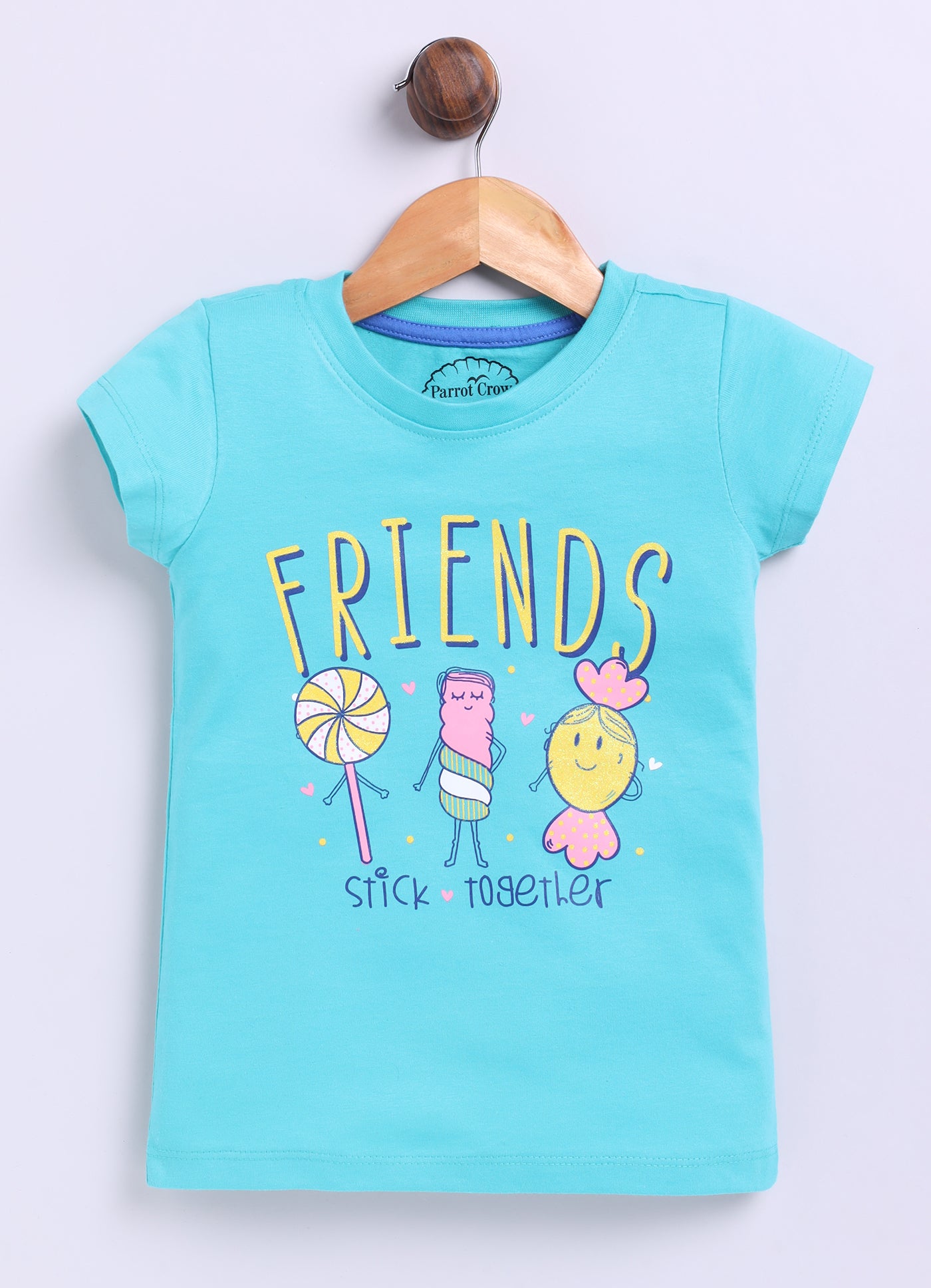 Friends stick together Printed Cotton T-Shirt for Girls - Sea Blue