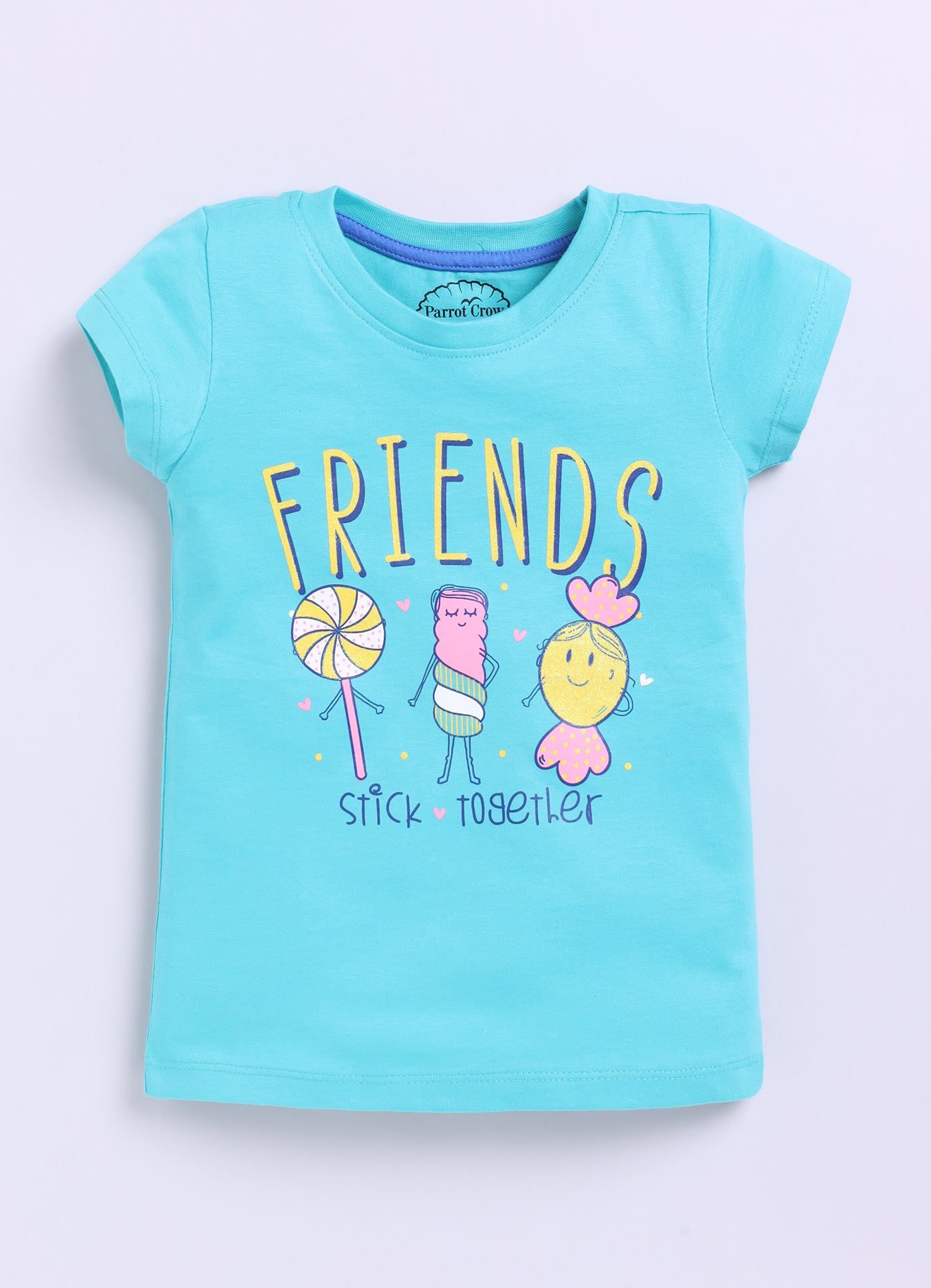 Friends stick together Printed Cotton T-Shirt for Girls - Sea Blue