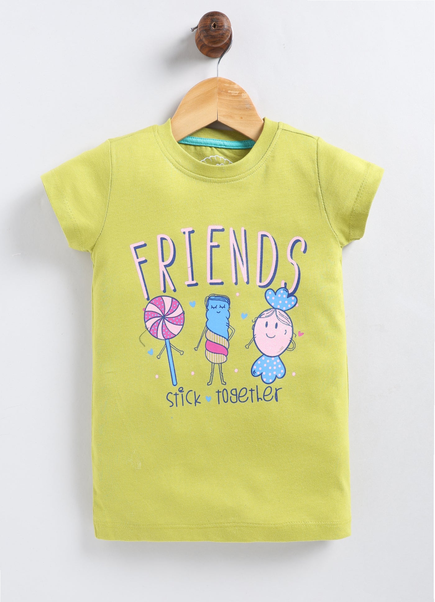 Friends stick together Printed Cotton T-Shirt for Girls - Lime Green