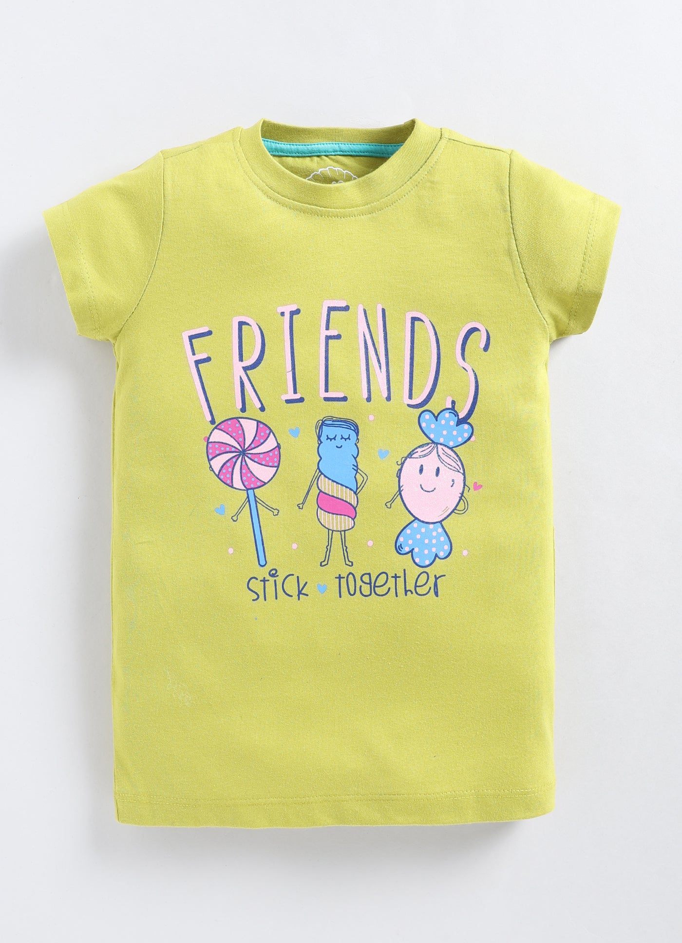 Friends stick together Printed Cotton T-Shirt for Girls - Lime Green