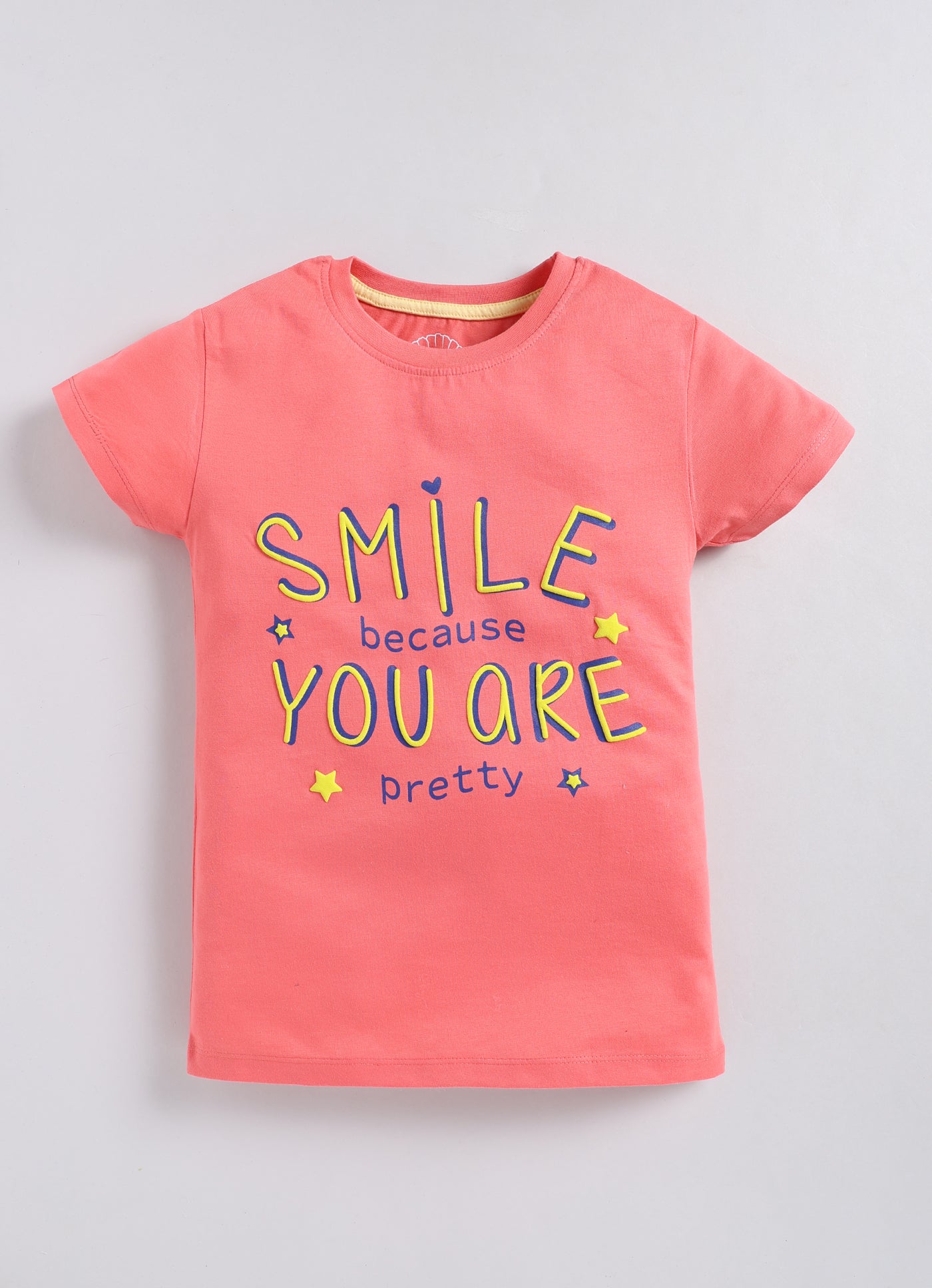 Smile because you are pretty Printed Cotton T-Shirt for Girls - Peach