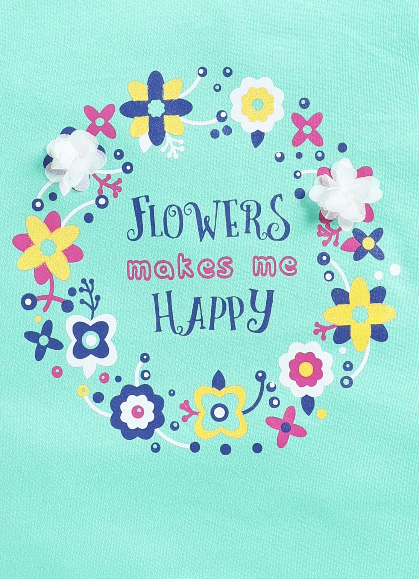 Flowers Make me happy Printed Cotton T-Shirt for Girls - Pista Green - ParrotCrow