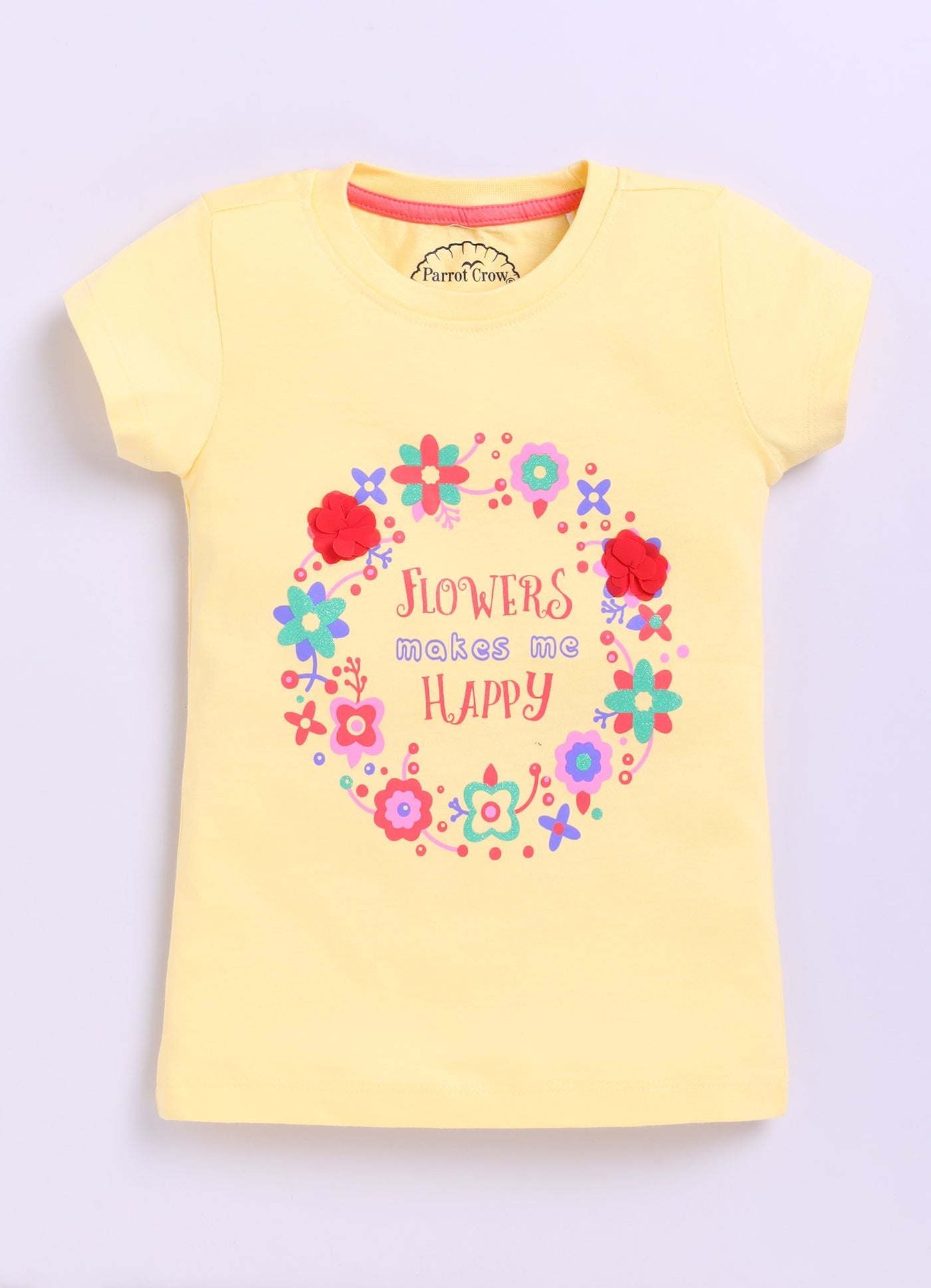 Flowers Make me happy Printed Cotton T-Shirt for Girls - Yellow - ParrotCrow