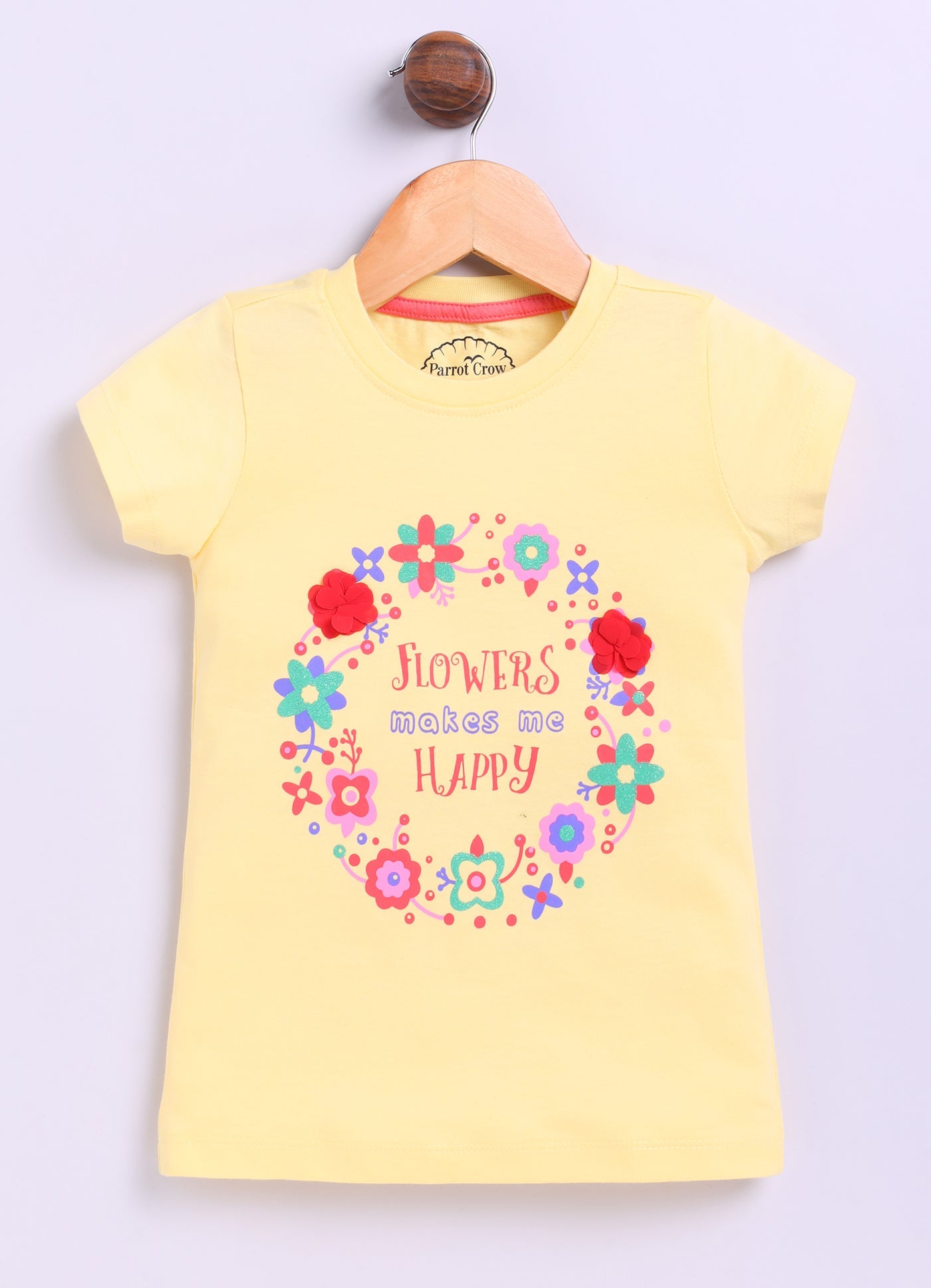 Flowers Make me happy Printed Cotton T-Shirt for Girls - Yellow - ParrotCrow