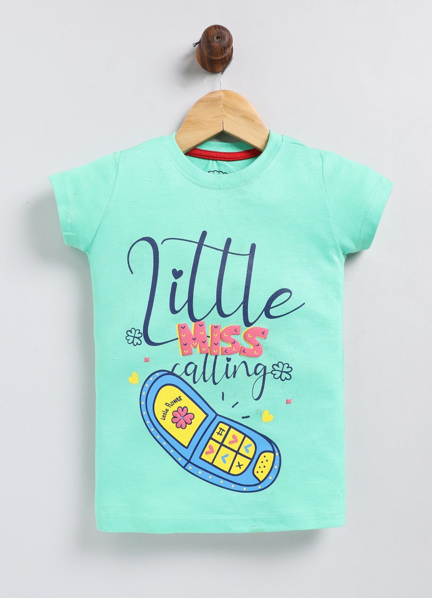 Little Miss Calling Printed Cotton T-Shirt for Girls - Pista Green - ParrotCrow