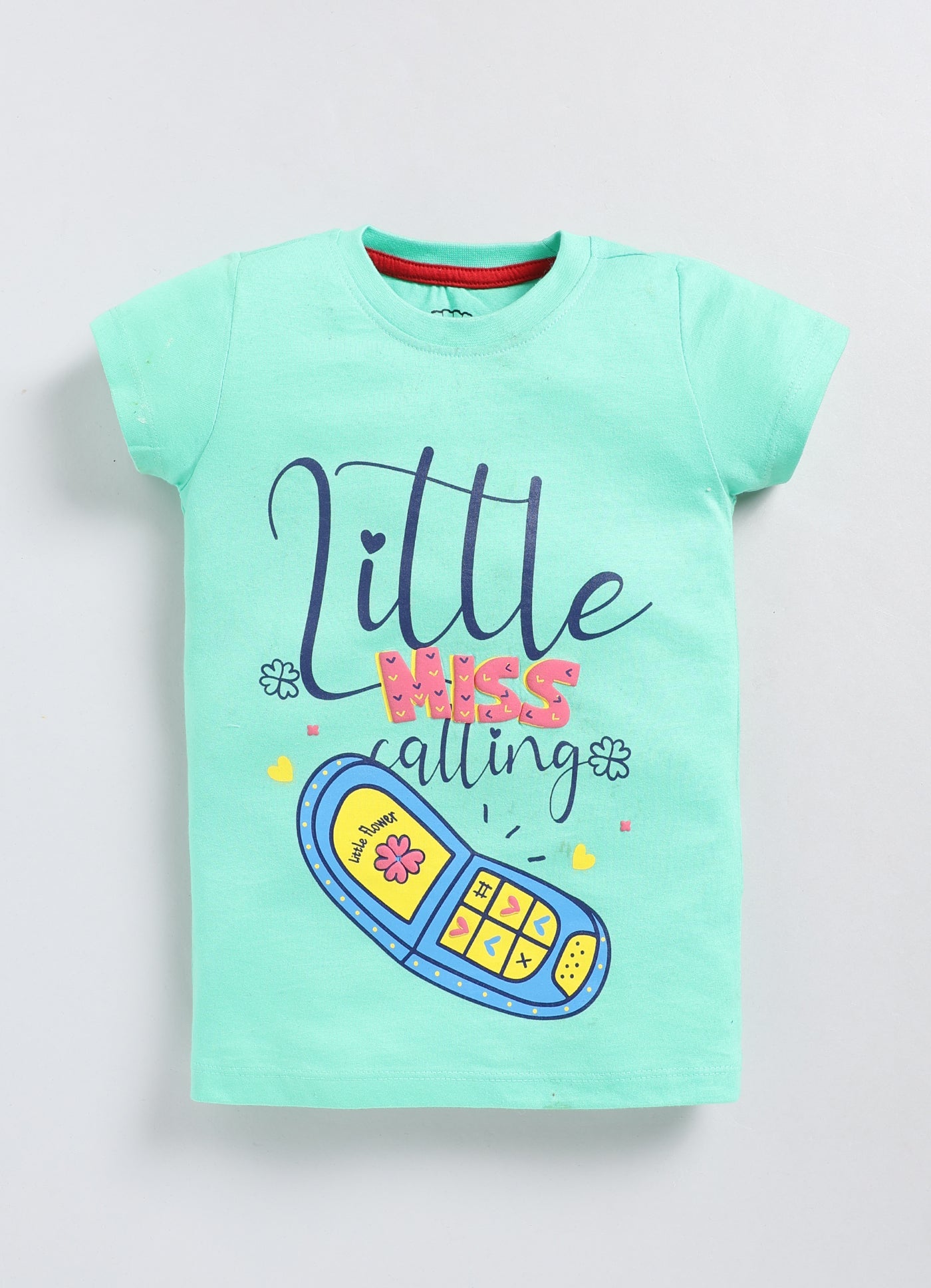 Little Miss Calling Printed Cotton T-Shirt for Girls - Pista Green - ParrotCrow