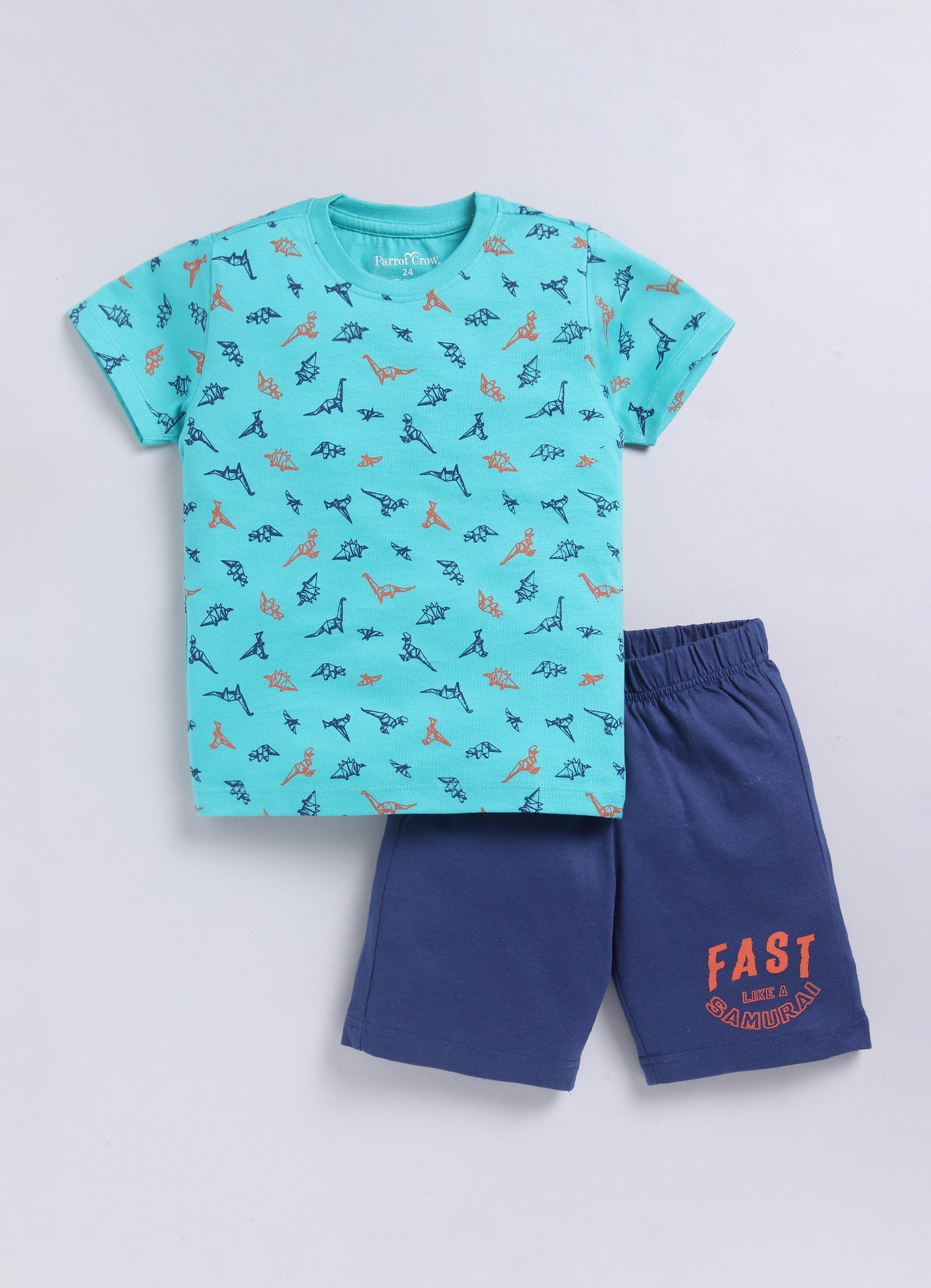 Parrot Crow Boys Aqua Dino Print Cotton T-Shirt & Navy Shorts Set – “Fast Like a Samurai” - ParrotCrow