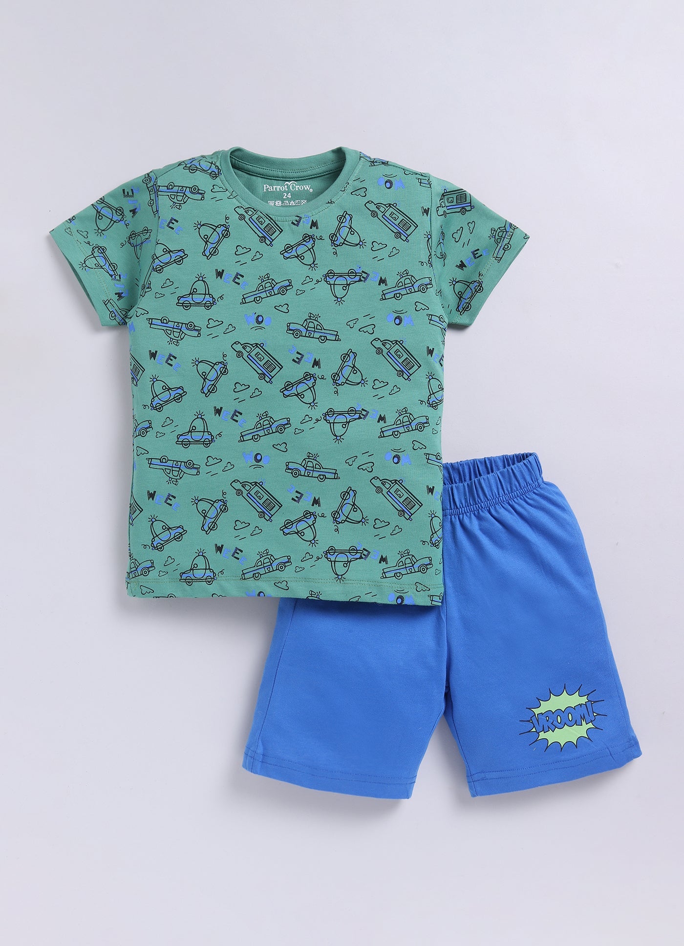 Parrot Crow Boys Green Vehicle Print T-Shirt & Blue Shorts Combo – “Vroom” Edition - ParrotCrow