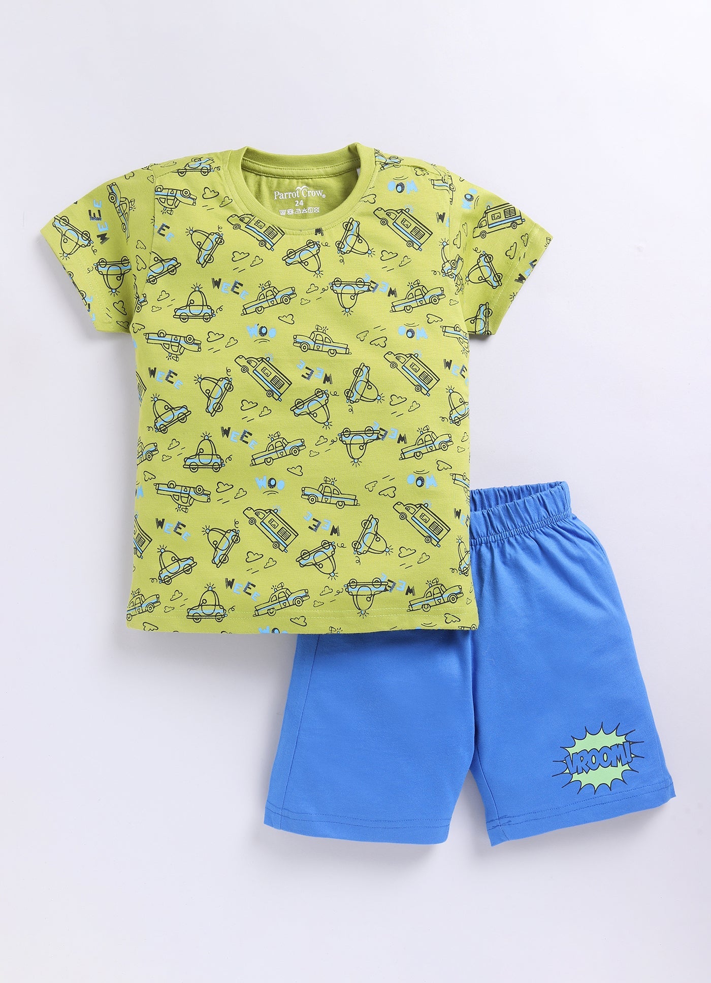 Parrot Crow Boys Lime Green Vehicle Print T-Shirt & Blue Shorts Set - ParrotCrow