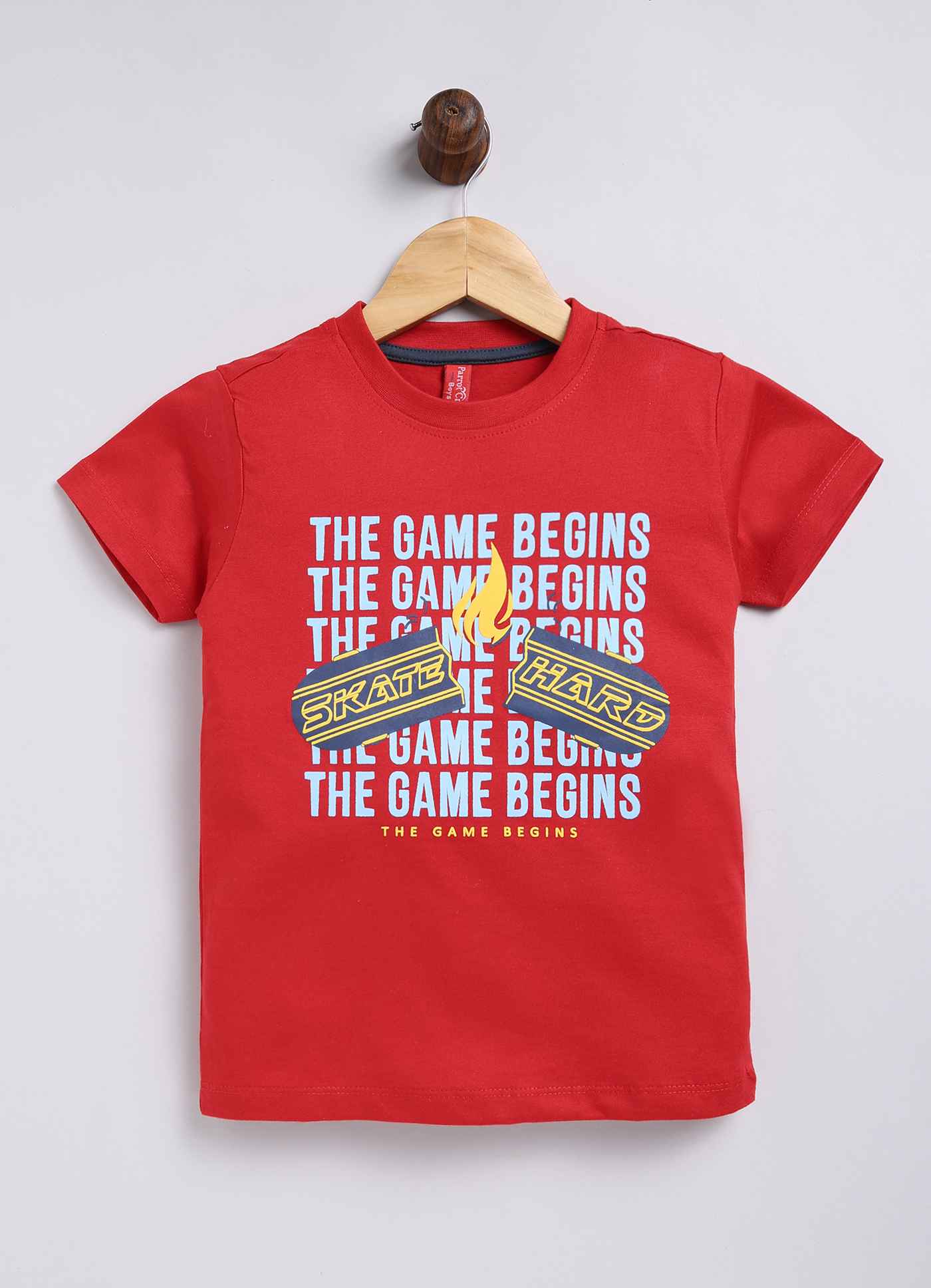 The Game Begins Cotton T Shirt for Boys in Red Color - ParrotCrow