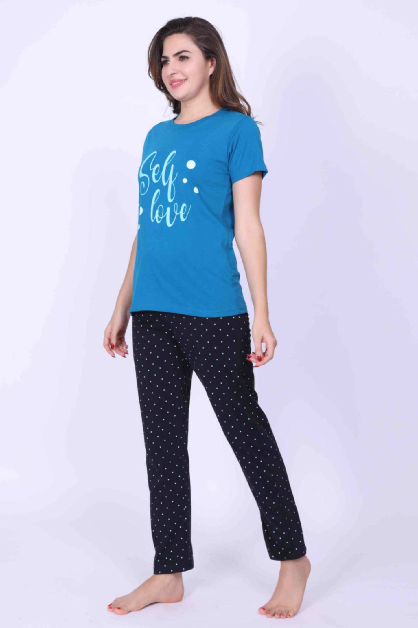 Women Night Suit Blue Color Self Love Printed Top & Dotted Print Grey Pyjama Pant - ParrotCrow