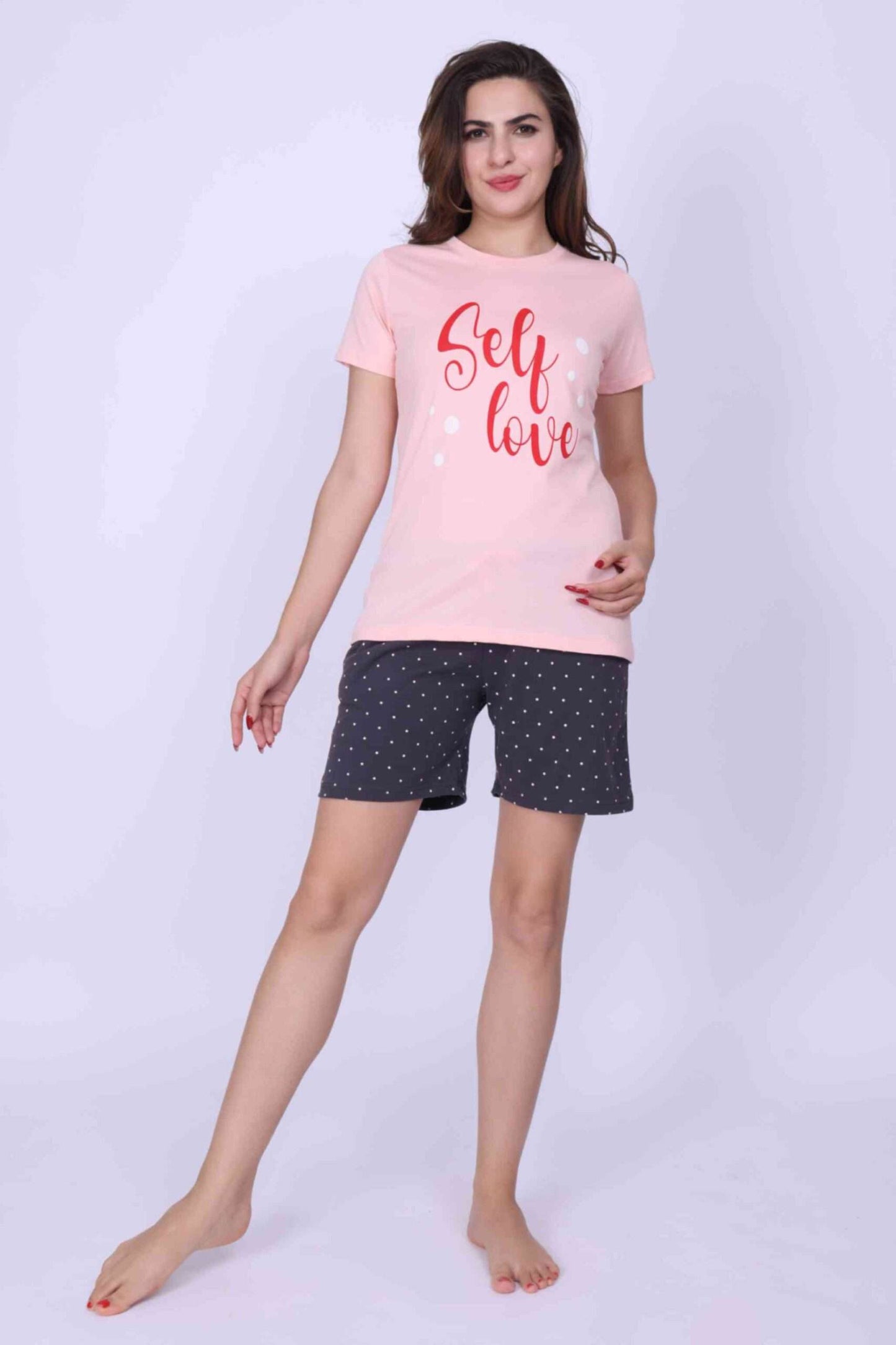 Women Night Suit Blue & Pink Color Printed Top & Pyjama Set With Shorts - ParrotCrow