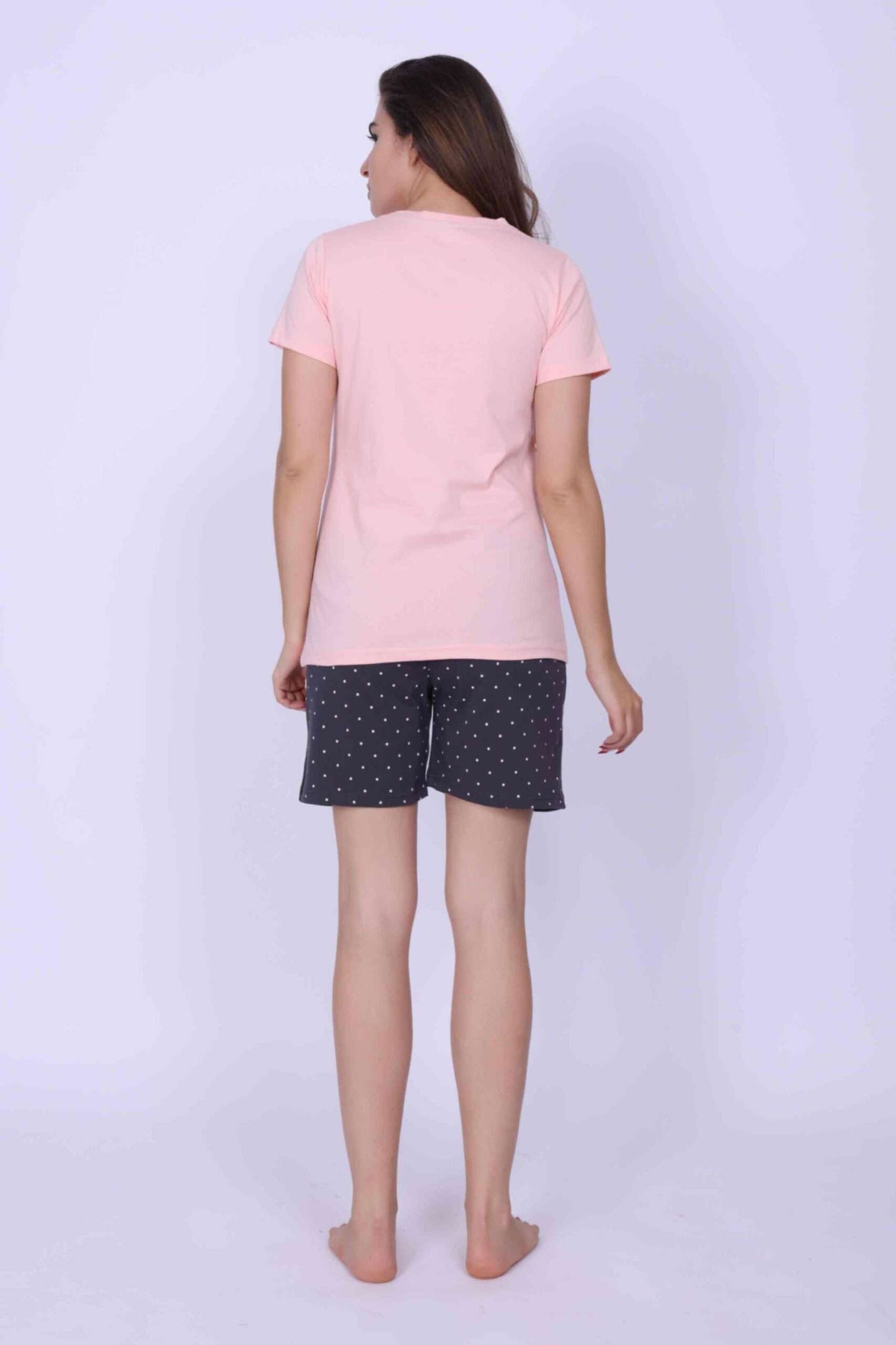 Women Night Suit Blue & Pink Color Printed Top & Pyjama Set With Shorts - ParrotCrow