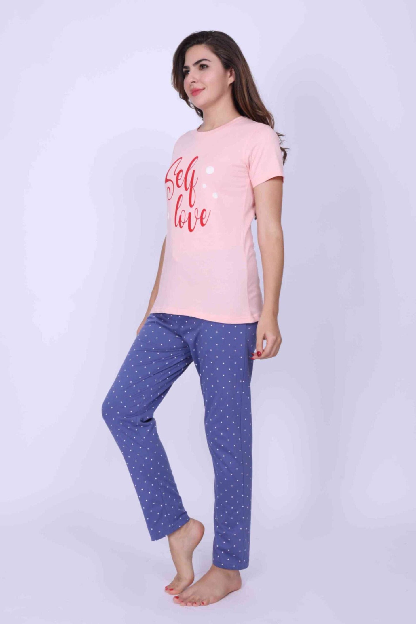 Women Night Suit Blue & Pink Color Printed Top & Pyjama Set With Shorts - ParrotCrow