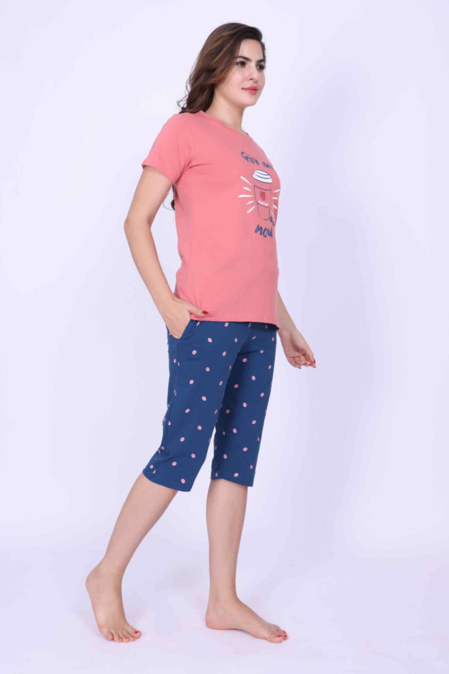 Women Night Suit Give Me Now Printed Pink Top & Blue Color 3/4th Capri Set - ParrotCrow