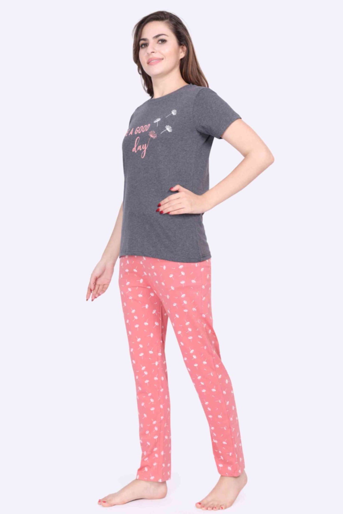 Women Night Suit Have a Good Day Printed Top & Mushroom Printed Pink Pyjama Set - ParrotCrow