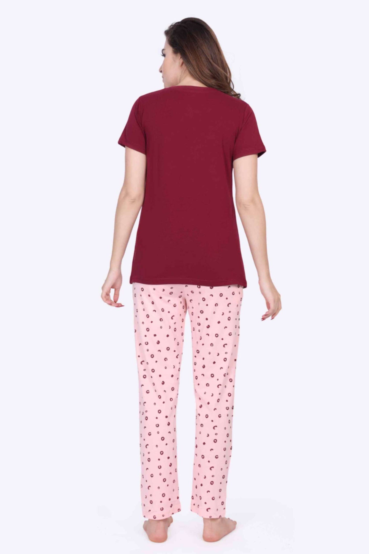 Women Night Suit Hello Gorgeous Printed Red Rose Top & Pink Pyjama Set - ParrotCrow