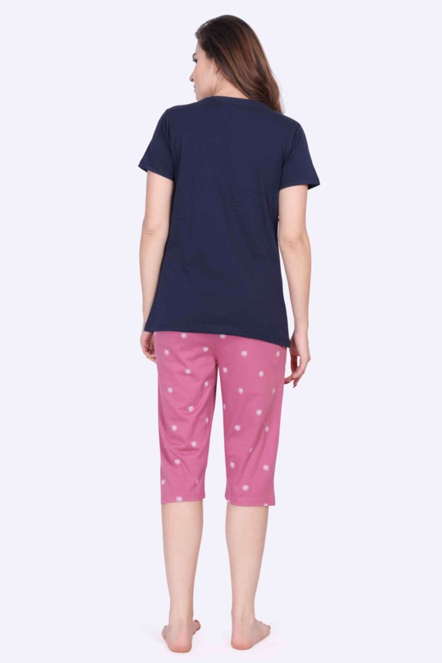 Women’s Printed Navy Top & Dot Printed Pink 3/4th Capri Night Suit Set - ParrotCrow