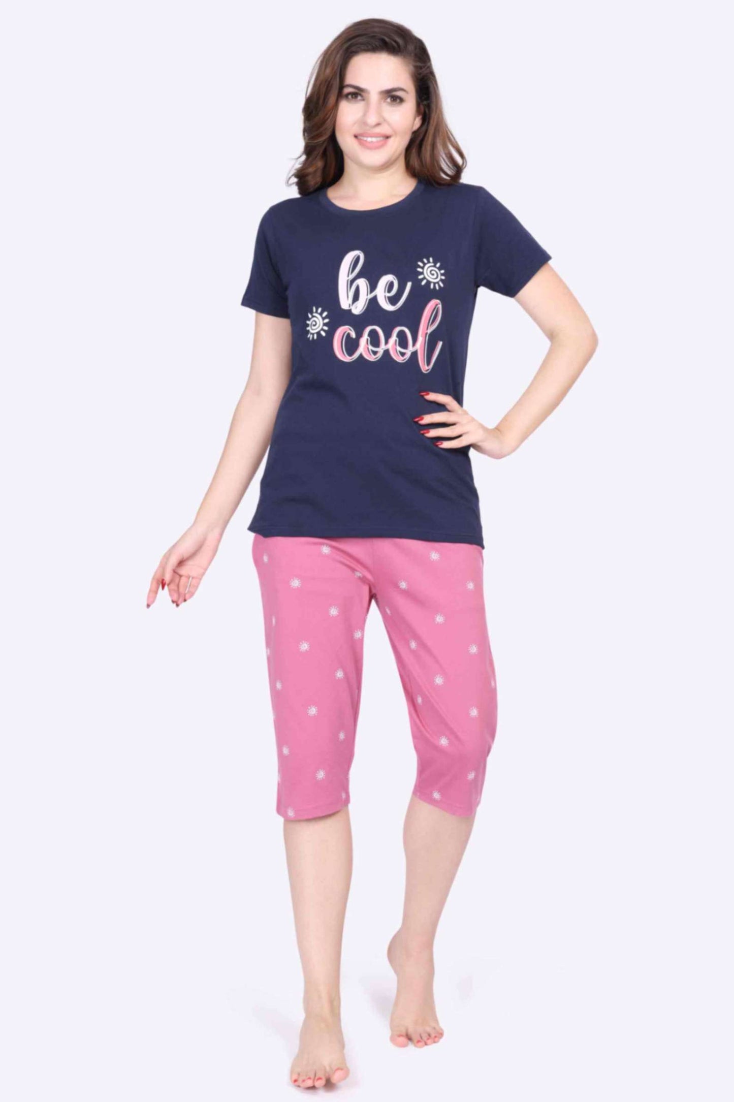 Women’s Printed Navy Top & Dot Printed Pink 3/4th Capri Night Suit Set - ParrotCrow
