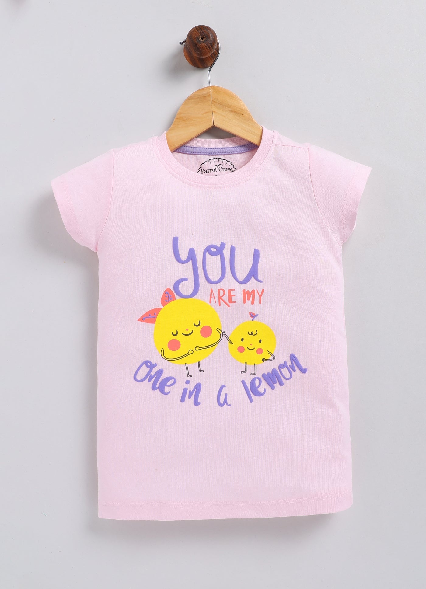 You are my one in a lemon Printed Cotton T-Shirt for Girls - Light Pink - ParrotCrow