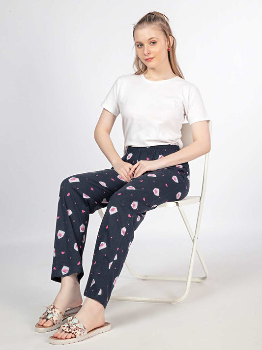 Heart envelop - Knit Cotton Pyjama - Loungewear Pant - Navy