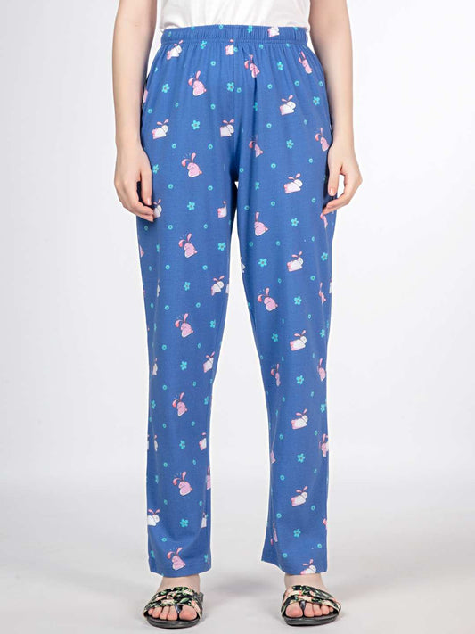 Flower - Bunny Knit Cotton Pyjama - Loungewear Pant - Blue