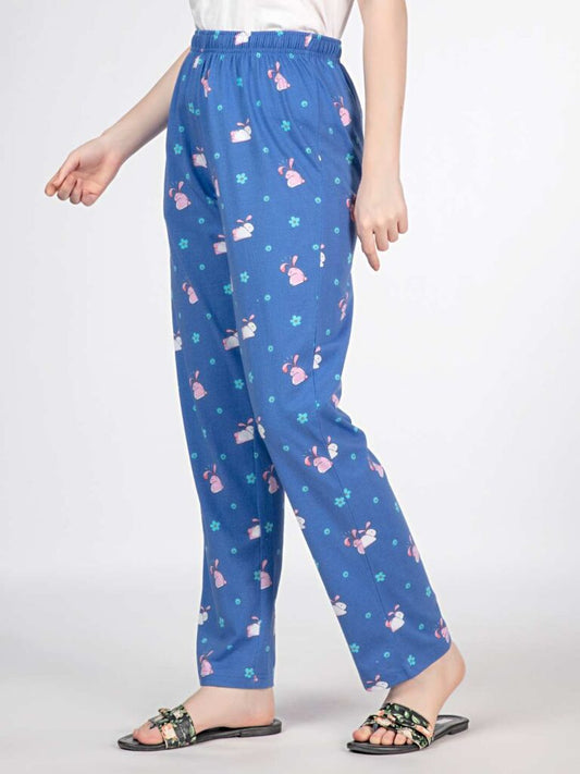 Flower - Bunny Knit Cotton Pyjama - Loungewear Pant - Blue
