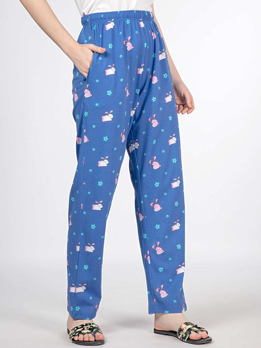 Flower - Bunny Knit Cotton Pyjama - Loungewear Pant - Blue