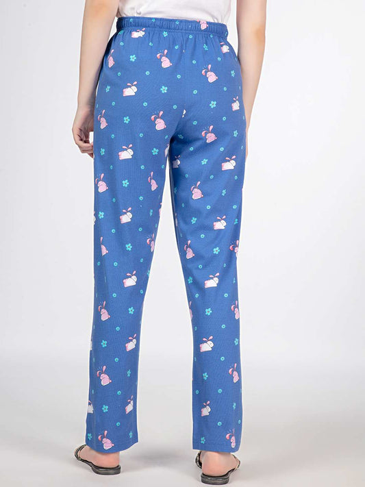 Flower - Bunny Knit Cotton Pyjama - Loungewear Pant - Blue