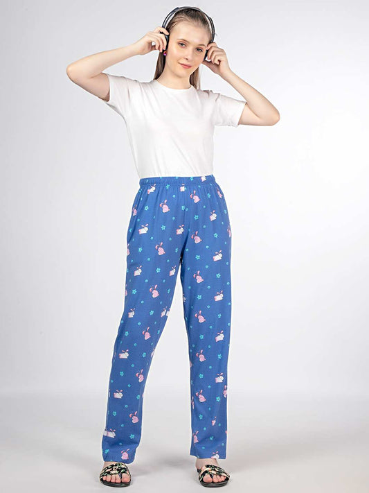 Flower - Bunny Knit Cotton Pyjama - Loungewear Pant - Blue