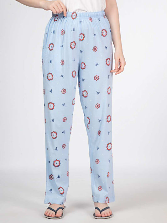 Floral Knit Cotton Pyjama - Loungewear Pant - Light Blue