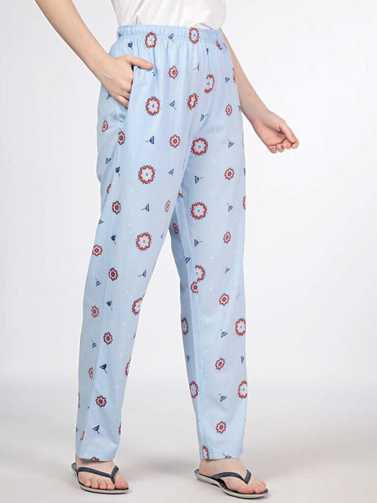 Floral Knit Cotton Pyjama - Loungewear Pant - Light Blue