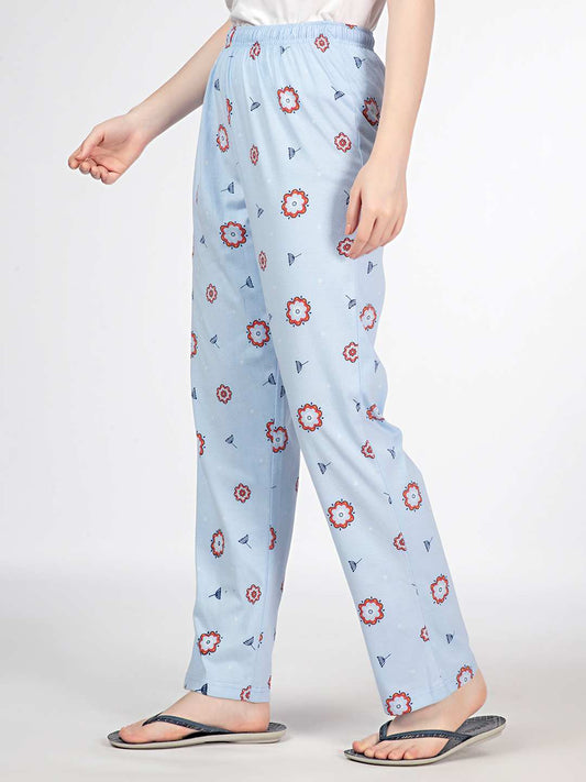 Floral Knit Cotton Pyjama - Loungewear Pant - Light Blue