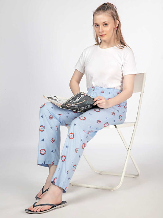 Floral Knit Cotton Pyjama - Loungewear Pant - Light Blue