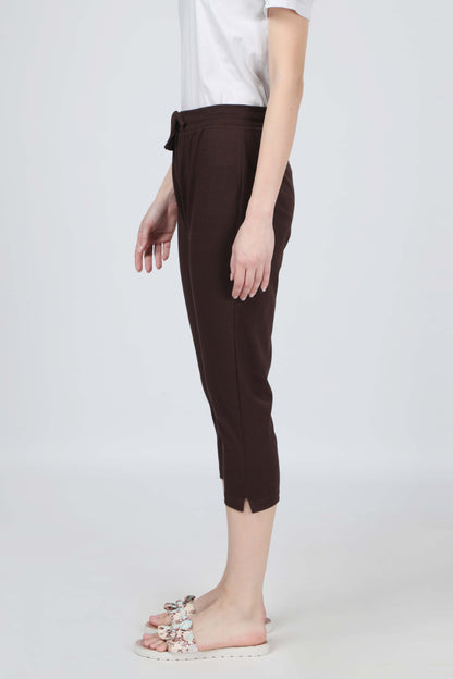 Women Chocolate Brown Solid Stretch Lounge - 3/4 Yoga Pant With Side Pocket & Drawstring