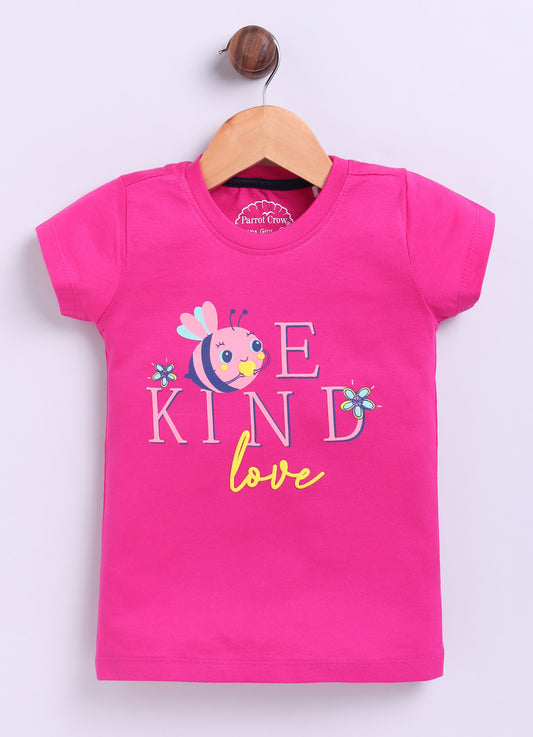 Be Kind Love Printed Cotton T-Shirt for Girls - Dark Pink