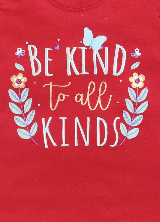 Be Kind to all kinds Printed Cotton T-Shirt for Girls - Red