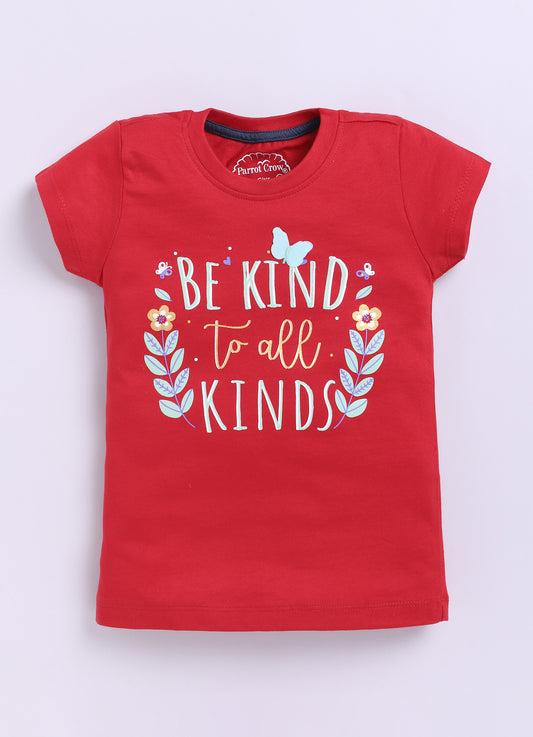 Be Kind to all kinds Printed Cotton T-Shirt for Girls - Red