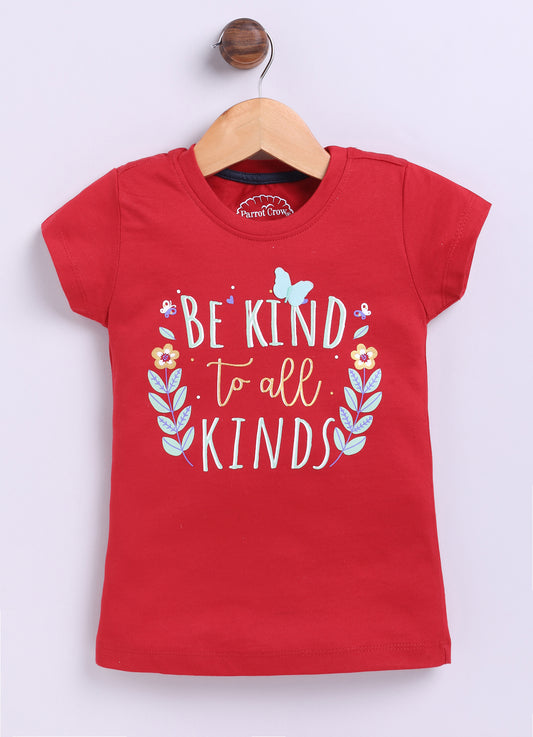 Be Kind to all kinds Printed Cotton T-Shirt for Girls - Red