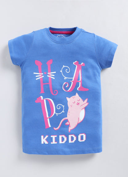 Happy Kiddo Printed Cotton T-Shirt for Girls - Denim Blue