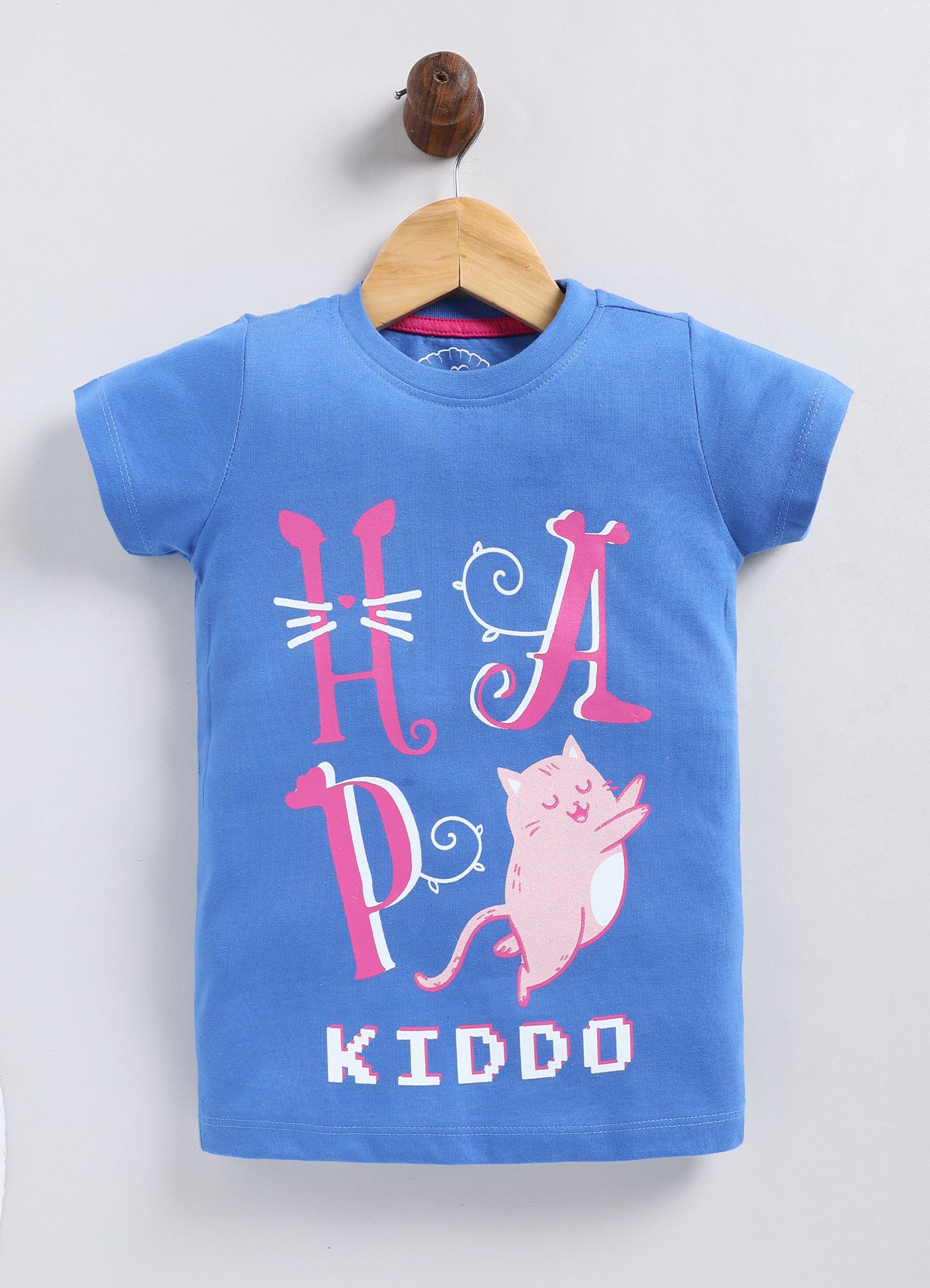Happy Kiddo Printed Cotton T-Shirt for Girls - Denim Blue