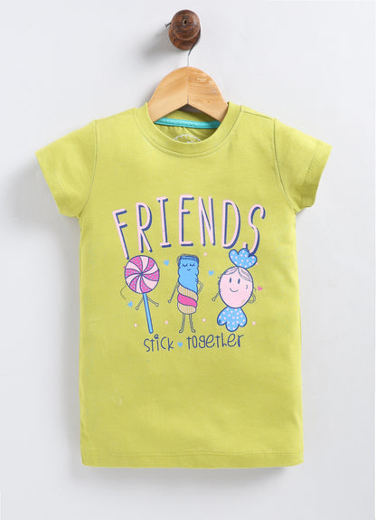 Friends stick together Printed Cotton T-Shirt for Girls - Lime Green