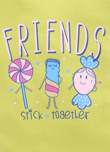 Friends stick together Printed Cotton T-Shirt for Girls - Lime Green