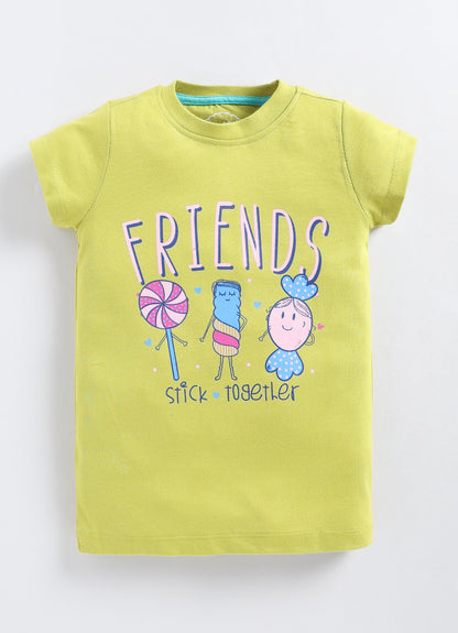 Friends stick together Printed Cotton T-Shirt for Girls - Lime Green