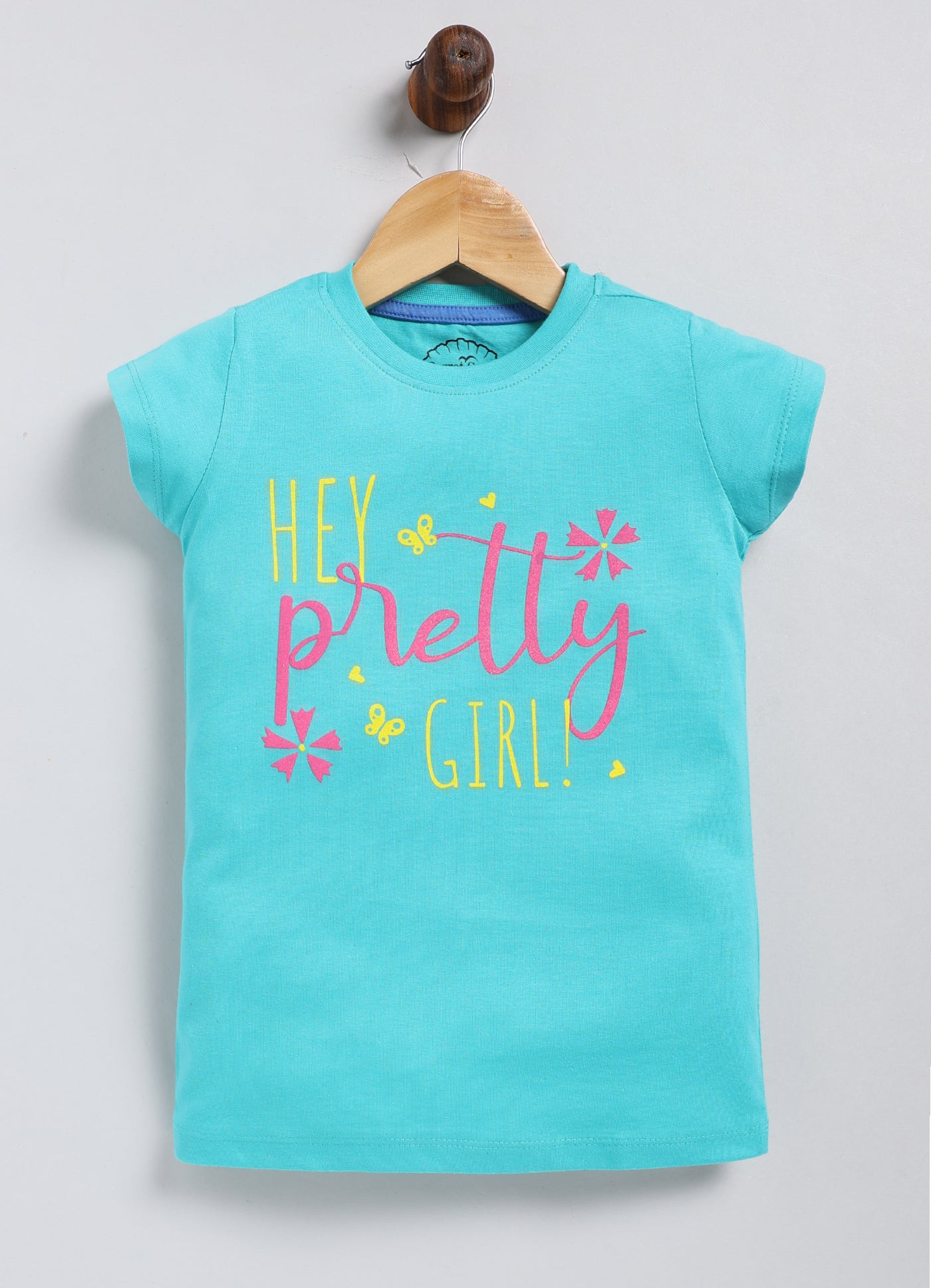 Hey pretty girl Printed Cotton T-Shirt for Girls - Sea Blue