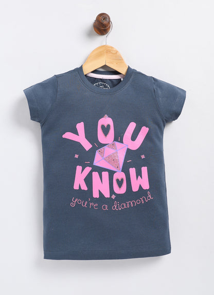 You know you're a diamond Printed Cotton T-Shirt for Girls - Navy