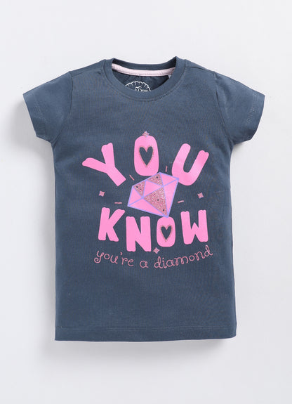 You know you're a diamond Printed Cotton T-Shirt for Girls - Navy