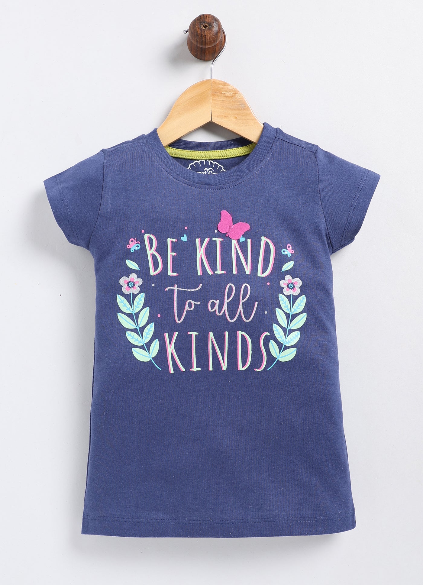Be Kind to all kinds Printed Cotton T-Shirt for Girls - Navy