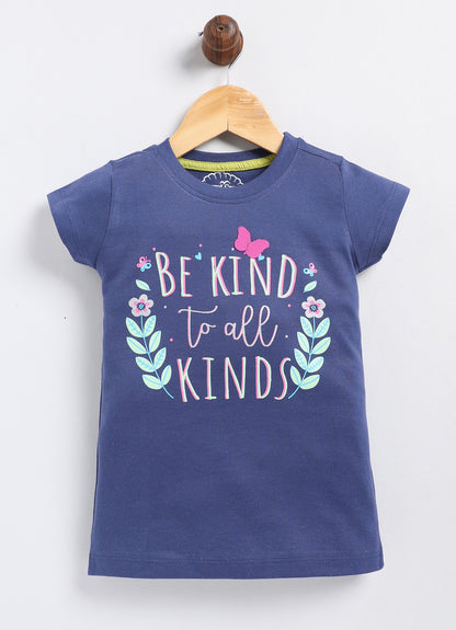 Be Kind to all kinds Printed Cotton T-Shirt for Girls - Navy