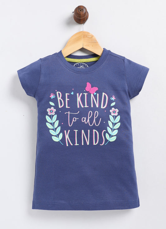 Be Kind to all kinds Printed Cotton T-Shirt for Girls - Navy
